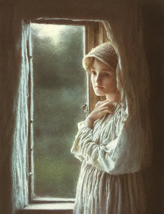 Image similar to peasant girl in a morning in country house looking in a window, cottage core, polaroid photo bleached vintage pastel colors high - key lighting, soft lights, foggy, by steve hanks, by lisa yuskavage, by serov valentin, by tarkovsky, detailed, oil on canvas