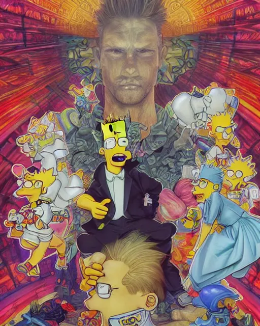 Image similar to if bart simpson was a real boy, beautiful shadowing, 3 d shadowing, reflective surfaces, 8 k, beautifully detailed pencil illustration, intricate, epic composition, masterpiece, bold complimentary colors. stunning masterfully illustrated by artgerm, range murata, alphonse mucha