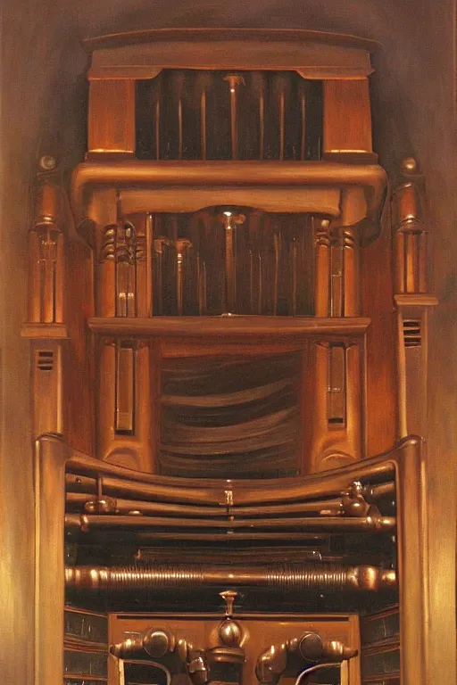 Image similar to pipe organ console with dark smoke, detailed oil painting by grant wood, diesel gothic