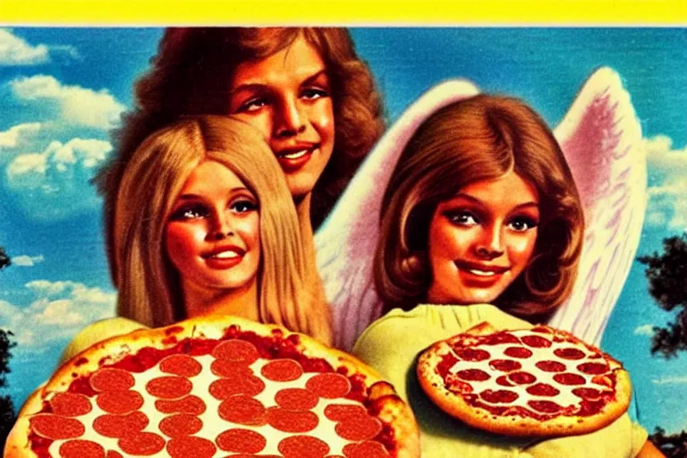 Image similar to 70s, angels, pizza, advertisement