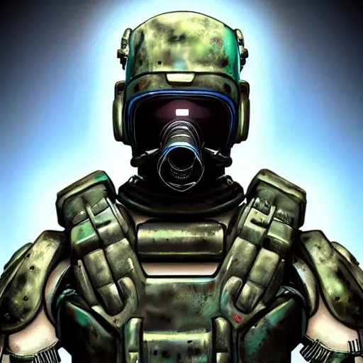 Image similar to a award winning action upper body portrait of nuke zombie with a breathing mask while wearing futuristic bodyarmor and pauldrons, outrun, vaporware, highly detailed, fine detail, intricate