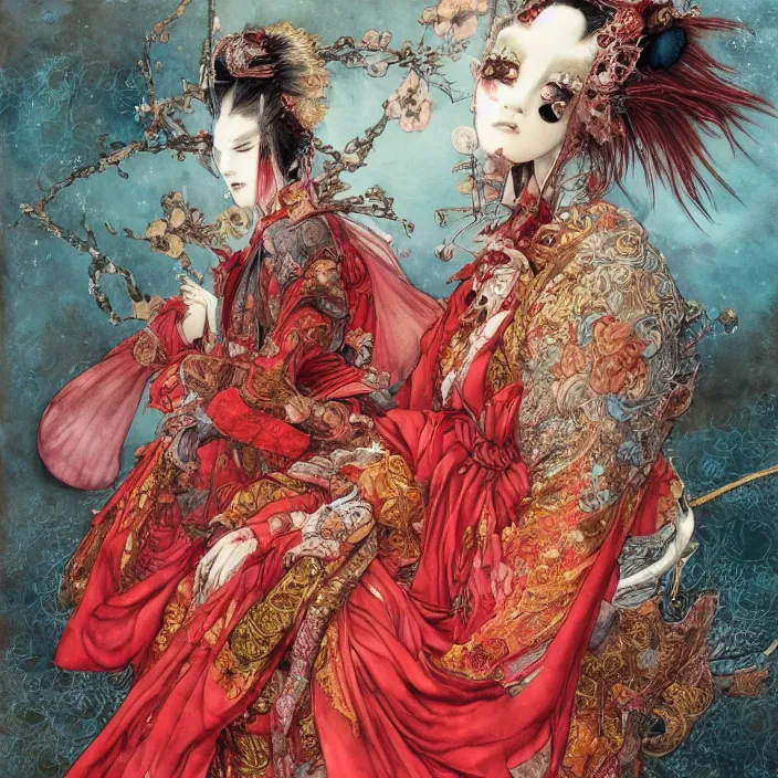 Image similar to watercolor painting of avant - garde, beauty portrait of an asian samurai fox queen in a victorian red dress painted by yoshitaka amano, daniel merriam, ayami kojima, intricate detail, artstation, artgerm, in the style of dark - fantasy, rococo, gold leaf art, victo ngai