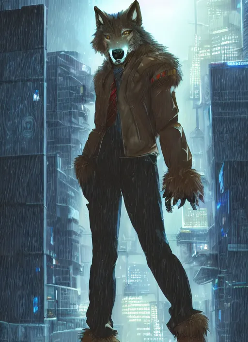 Image similar to character portrait of a male anthro wolf fursona with a tail and a cute beautiful attractive furry face wearing stylish cyberpunk clothes in a cyberpunk city at night while it rains. hidari, color page, tankoban, 4K, tone mapping, Akihiko Yoshida.