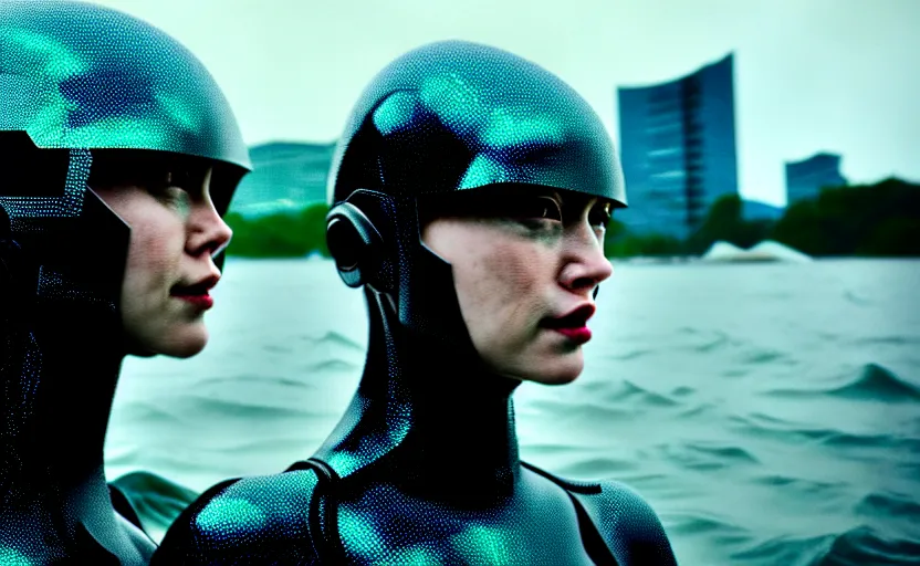 Image similar to cinestill 5 0 d candid action photographic portrait by christopher nolan of two loving female androids wearing rugged black mesh techwear in treacherous waters, extreme closeup, modern cyberpunk retrofuturism moody emotional cinematic, pouring iridescent rain, 8 k, hd, high resolution, 3 5 mm, f / 3 2, motion blur, ultra realistic faces, ex machina