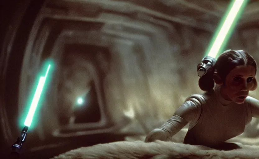 Image similar to screenshot portrait of Princess Leia using her lightsaber on a strange planet of maelstrom, chaos, the world without form and void, 1970s film by Stanley Kubrick, iconic scene, HR Geiger design, stunning cinematography, octane render, hyper-detailed, sharp, anamorphic lenses, kodak color, 4k, stunning