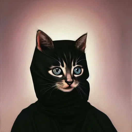 Image similar to a portrait of a kitten wearing a black hood, cloak covering face, anatomically correct, beautiful perfect face, enigmatic, oil painting, matte, black background, Volumetric dynamic lighting, Highly Detailed, Cinematic Lighting, Unreal Engine, 8k, HD, by Beksinski