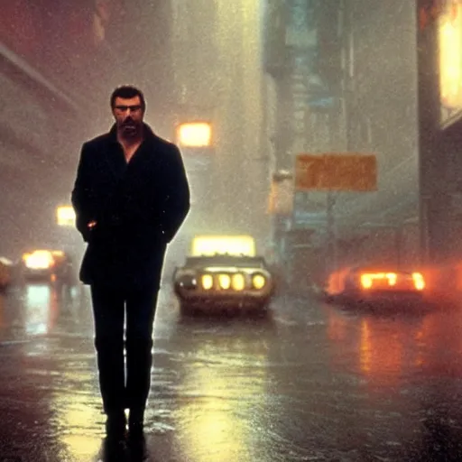 Image similar to Tom Selleck in Blade Runner, standing on a rainy street in a Blade Runner Style city