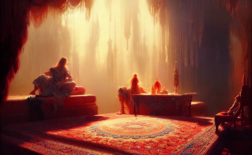 Prompt: magic fluffy Persian carpet dimension, by Greg Rutkowski and Gaston Bussiere, dim lighting, beautiful volumetric-lighting-style atmosphere, surreal atmosphere, intricate, detailed, photorealistic imagery, artstation