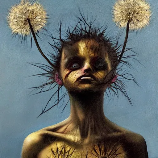 Image similar to an oil painting of dandelion by esao andrews. circa survive album cover art. dark. muted colors. gothic. oil painting with brush strokes. creepy.