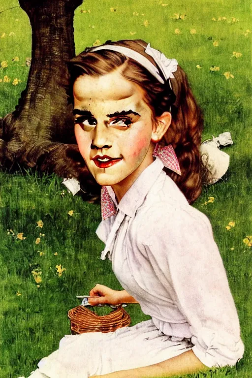 Image similar to photo photorealistic portrait photograph Emma Watson picnic in the green lawn 1950s portrait by Norman Rockwell