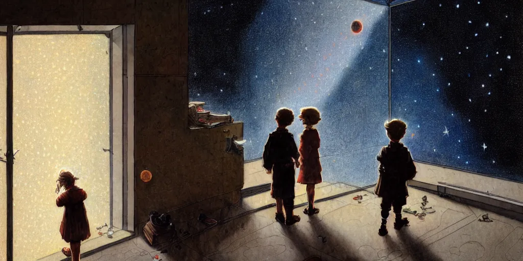 Image similar to a 5 year old boy and 1 2 year old girl looking at a wall and viewing the universe full of galaxies, imagination, part by norman rockwell, part by greg rutkowski, part by mattias adolfsson, high angle, ( ( ( ( volumetric lighting ) ) ) ), oil on canvas