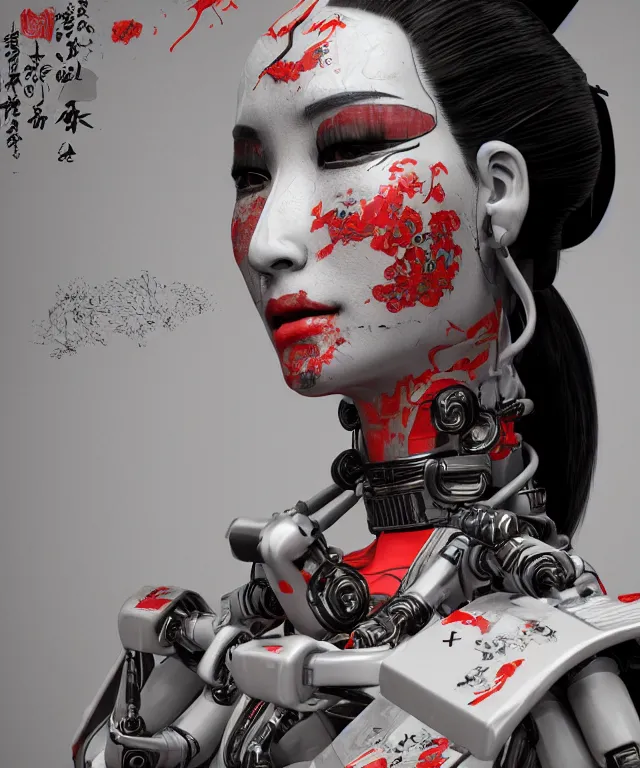 Image similar to an epic fantastic realism comic book style portrait painting of a japanese robotic geisha with kanji tattoos and decals, apex legends, octane render, intricate detail, 4 k hd, unreal engine 5