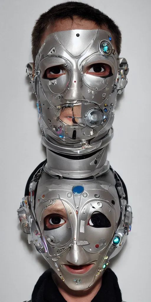 Prompt: a beautiful cyborg made of 90s uk rave culture ceremonial maske