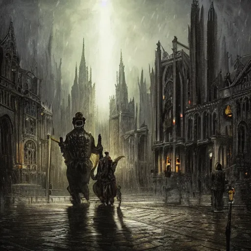 Prompt: A harrowing giant abomination stalks a gothic city, painting, dramatic lighting, raining