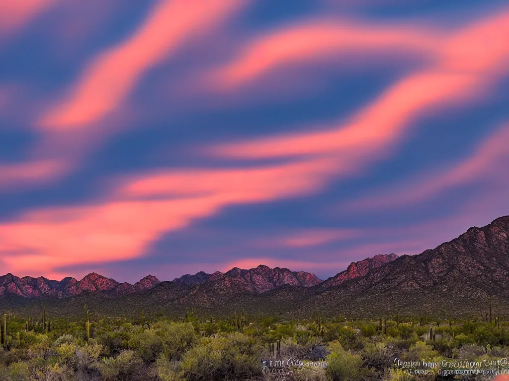 Prompt: lenticular clouds at sunset over the santa catalina mountains in Arizona, National Geographic photograph, f/8.0 iso 100 109mm