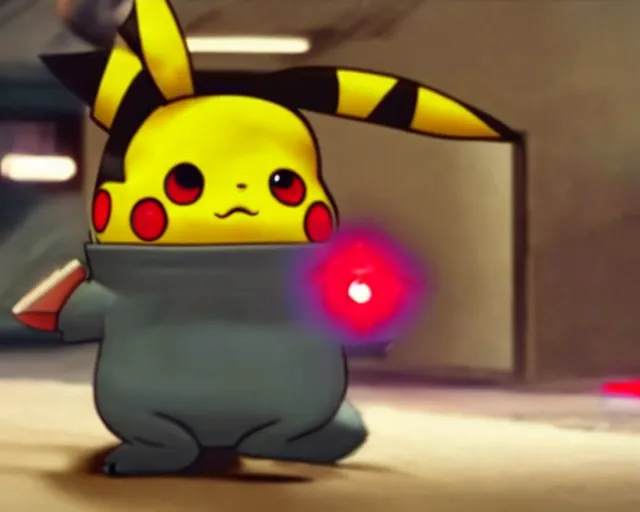 Image similar to Terminator pikachu, scene where his endoskelet gets exposed his eye glows red, still from the film