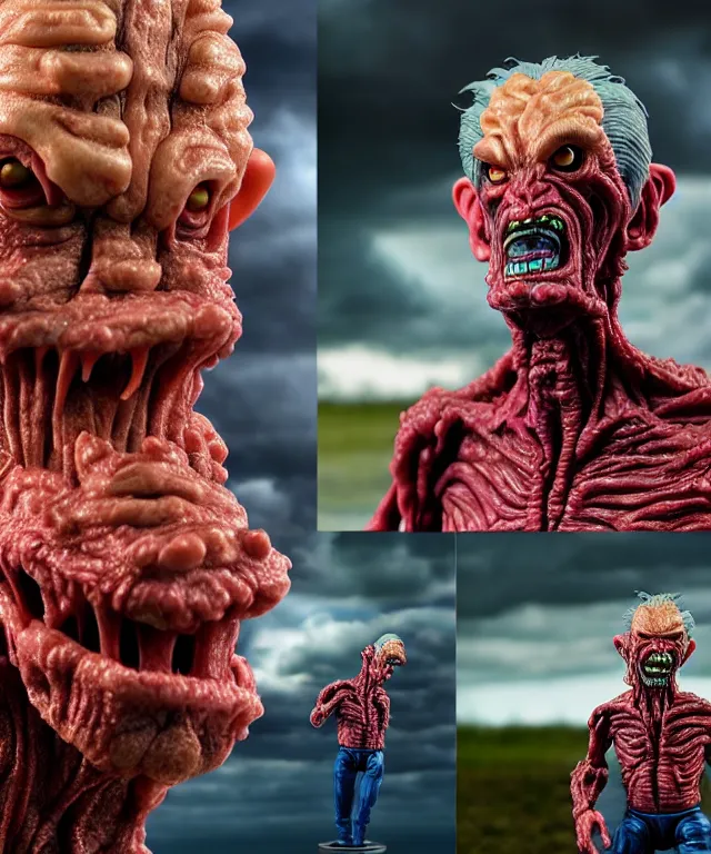 Prompt: hyperrealistic rendering, epic boss battle, cronenberg flesh monster ted cruz, by art of skinner and richard corben, product photography, collectible action figure, sofubi, hottoys, storm clouds, outside, lightning