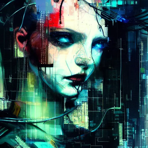 Prompt: beautiful young cyberpunk noir woman vr dreaming in a glitchcore world of wires, and machines, by jeremy mann, francis bacon and agnes cecile, and dave mckean ink drips, paint smears, digital glitches glitchart