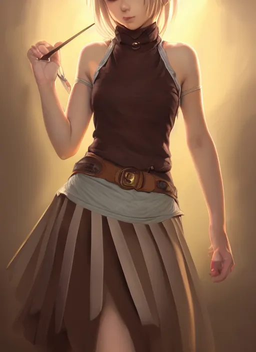 Image similar to portrait of a full body of beautiful young female detective, d & d, sleeveless turtleneck, pleated skirt, fantasy, flat lighting, intricate, highly detailed, digital painting, artstation, concept art, smooth, sharp focus, illustration, misa amane, art by simon bisley and greg rutkowski and alphonse mucha, natural tpose