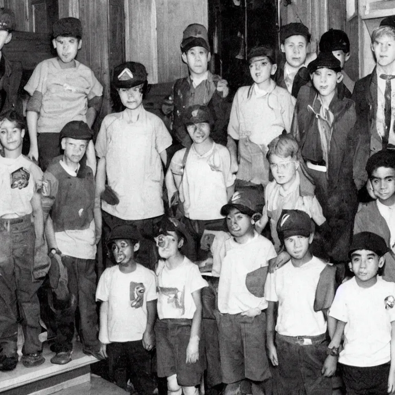 Prompt: a group of boys and girls standing in a line of six with a piece of paper in front of them. no other details known. the boys have baseball caps, while the girls have short hair. the boys and girls are in different classes, and the boys are standing on a staircase and the girls on a lower level.