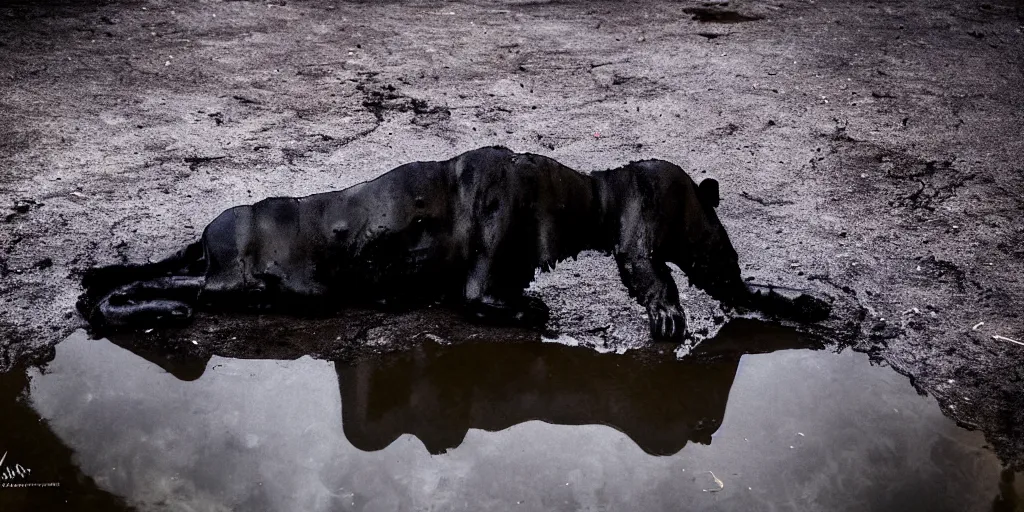 Image similar to the black lioness made of tar, dripping tar, dripping goo, sticky black goo, bathing in the pit filled with tar, dripping goo, sticky black goo. photography, dslr, reflections, black goo, rim lighting, cinematic light, tar pit saturated