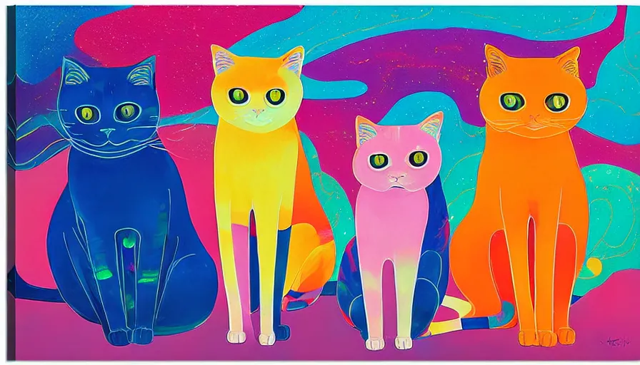 Image similar to contemporary semi abstract acrylic painting of really tall sitting cats by makoto shinkai, by lisa frank, by victo ngai, by kessler art, thick brush strokes and visible paint layers, multicolor color scheme