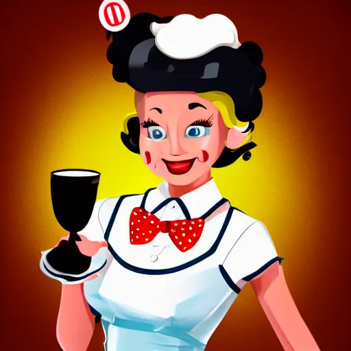 Image similar to beautiful anthropomorphic female sheep dressed in a 1 9 5 0 s waitress outfit, cartoon, digital art, full character, minimalist and abstract background, hyper details