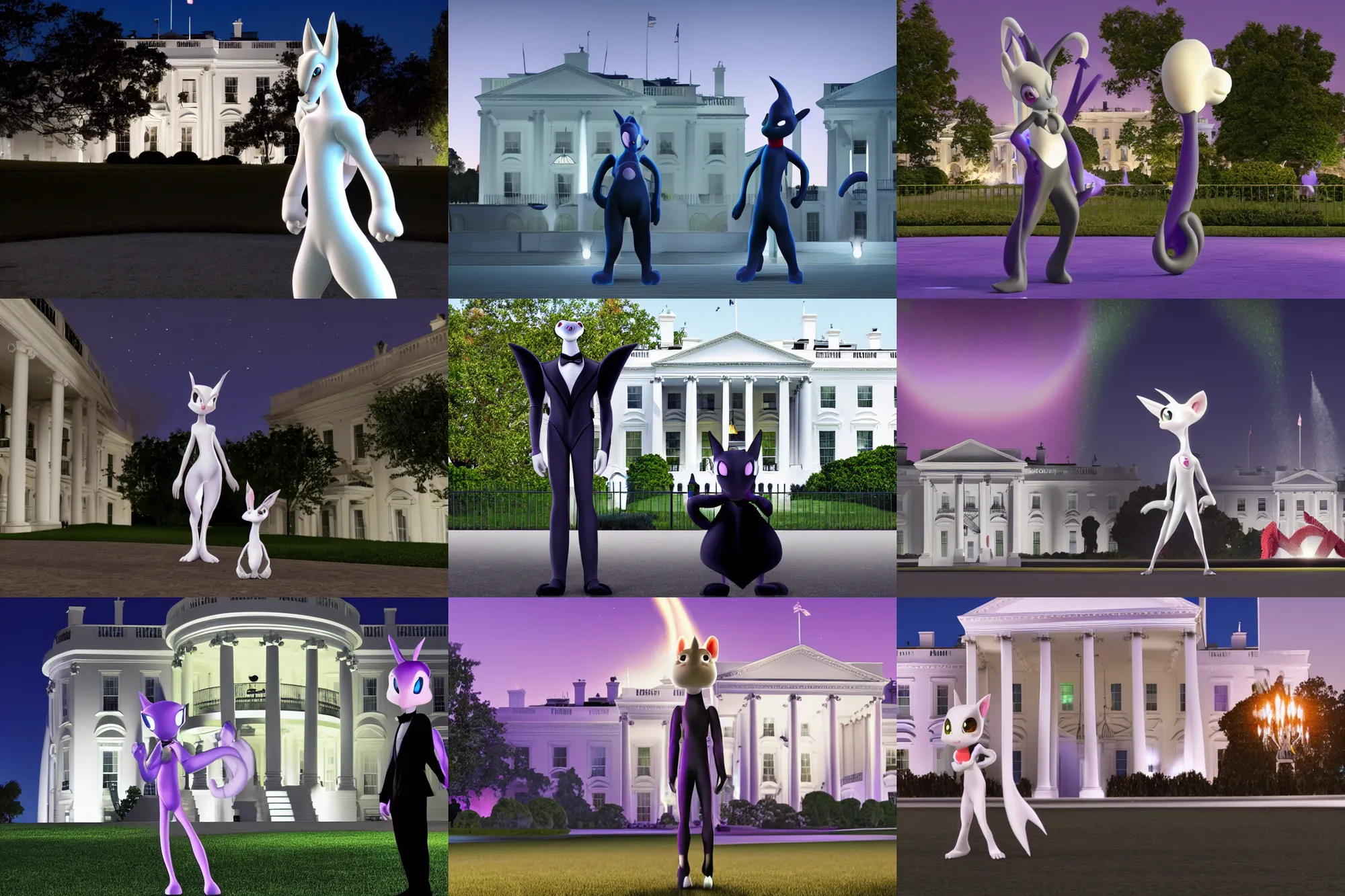 Prompt: nighttime shot of secret agent mewtwo in masquerade dress standing in front of white house looking at camera high resolution pixar