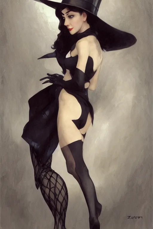 Prompt: full figure portrait of Zatana, pale, haunted, in tophat and tailcoat, legs wrapped in fishnet stockings, shushing the camera, dc comics, digital art from artstation by Ruan Jia and Mandy Jurgens and Artgerm and william-adolphe bouguereau