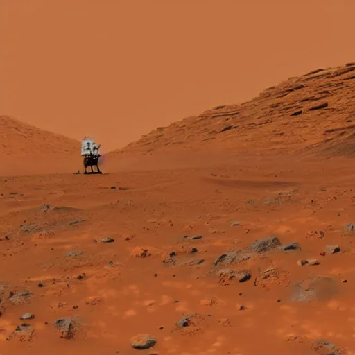 Prompt: pioneer robot un mars exploring a giant orange mountain during a sandstorm,