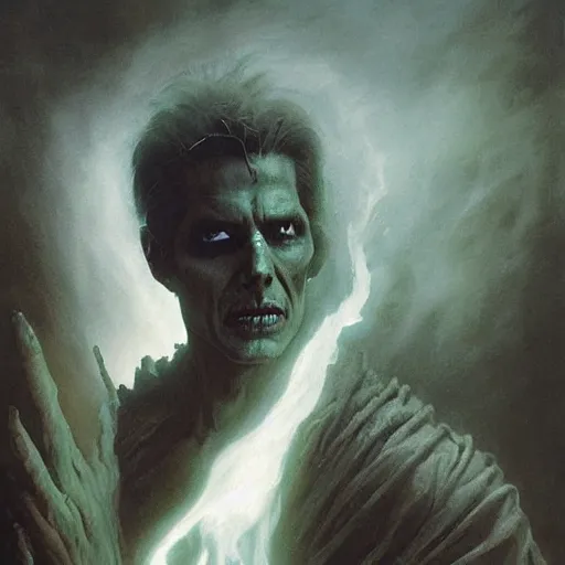 Image similar to head and shoulders portrait of a ghostly, shadowy, spectral wraith portrayed by tom cruise, d & d, fantasy, greg rutkowski, frank frazetta, alexandre chaudret, boris vallejo, michael whelan, miro petrov, hr giger, magali villeneuve, donato giancola