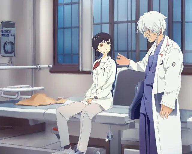 Image similar to a cute young female doctor wearing white coat are talking with an old surgeon in a hospital, slice of life anime, lighting, anime scenery by Makoto shinkai