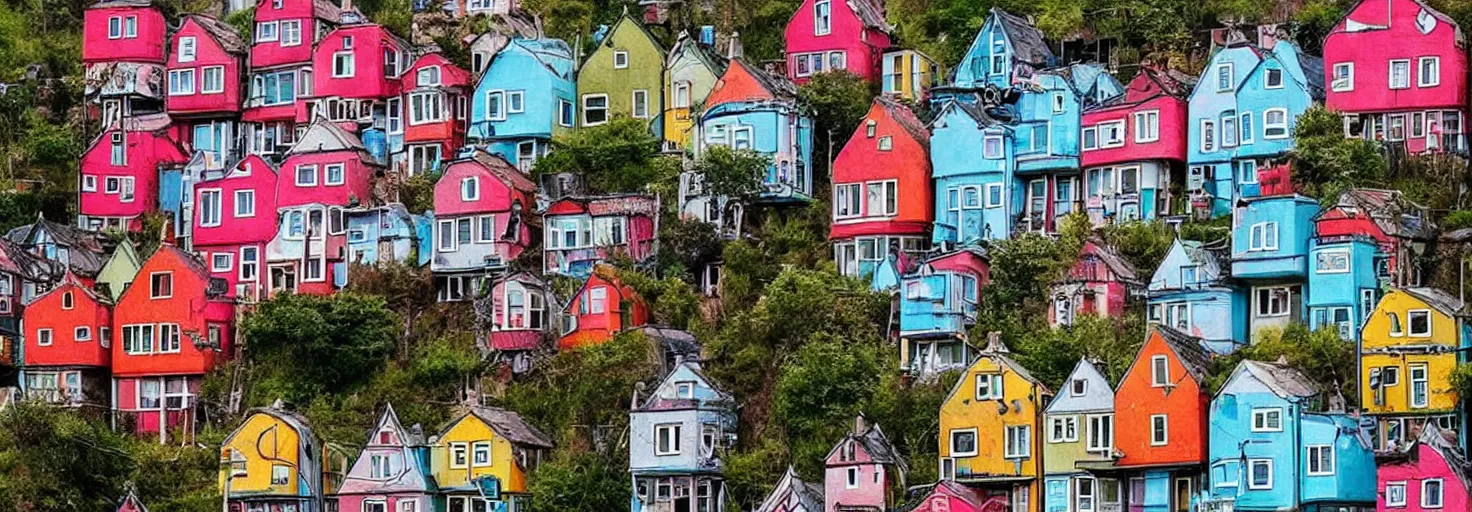 Image similar to quirky surreal naive terraced houses designed by alexander jansson, bright colors