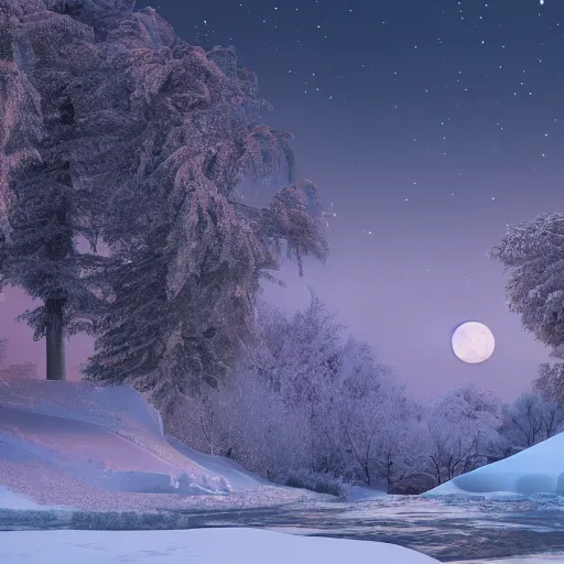 Image similar to a winter scene with the moon rising above the horizon, octane render by lisa frank