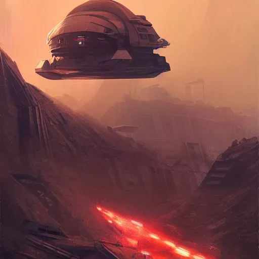 Image similar to scifi art by Greg Rutkowski, a heavy shuttle that is shaped like a brutalist-looking lobster, in the background, the distant silhouettes of a brutalist-looking planetary colony, hostile and desolate landscape, orange ambient light, detailed and intricate environment, high technology, digital painting, artstation, concept art, smooth, sharp foccus ilustration, Artstation HQ.