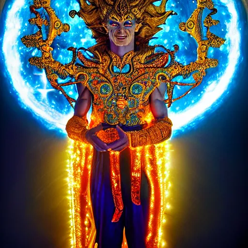 Prompt: uhd photorealisitc inspiring photo of a cosmic gogeta powering up. intricate details. ornate costume. glowing, powering up. hyperdetailed, accurate, global lighting. accurate face. symmetrical face. correct face. photo by annie leibowitz and steve mccurry