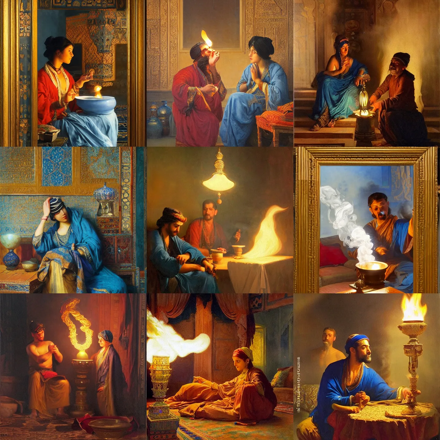 Prompt: orientalism painting smoke pouring from a lamp to form a blue djinni edwin longsden long and theodore ralli and nasreddine dinet and adam styka, masterful intricate artwork. oil on canvas, excellent lighting, high detail 8 k