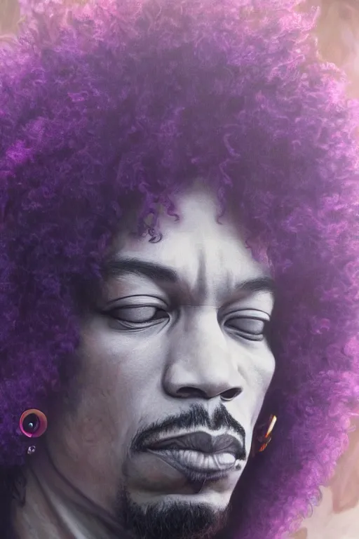 Image similar to A mystical mesmerizing 8k hyperrealistic Photo Portrait jimi hendrix transforming into a purple haze, soft, sharp focus, detailed, art by artgerm and Alphonse Mucha