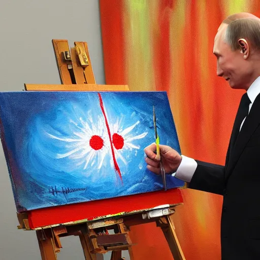 Prompt: vladimir putin, painting a painting of happy little hydrogen nuclear explosion in moscow red square, intricate, highly detailed, smooth, artstation,