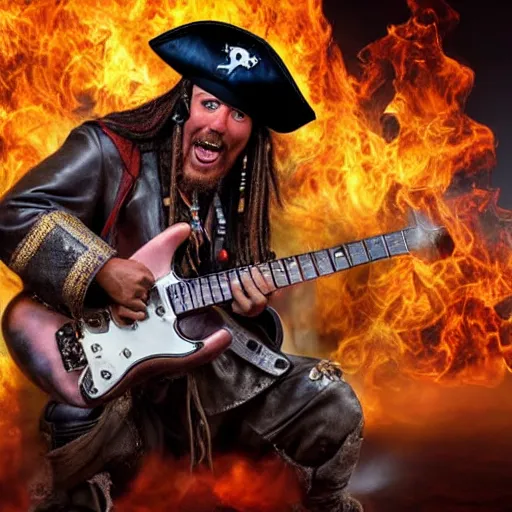 Image similar to a pirate playing an electric guitar in hell