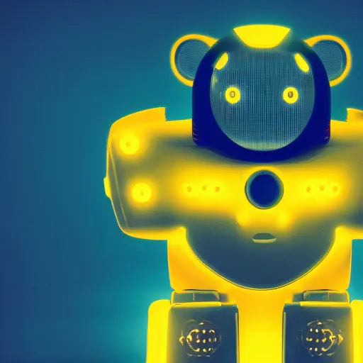 Image similar to portrait photo of a robot bear as a jedi, blue and yellow lighting, dark, cinematic, high quality, 4 k