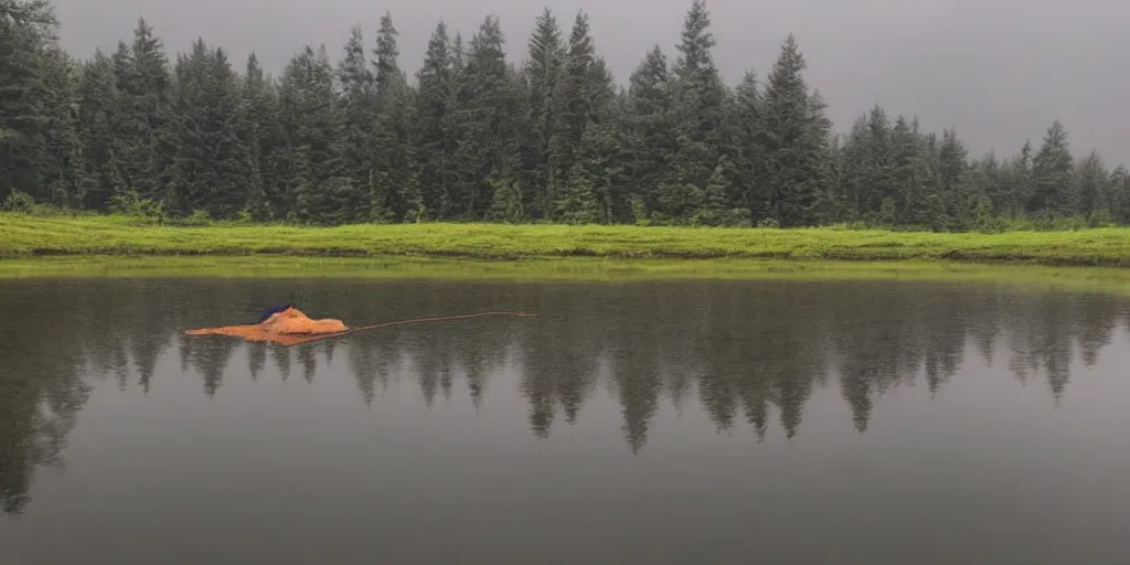 Image similar to symmetrical photograph of an long rope floating on the surface of the water, the rope is snaking from the foreground towards the center of the lake, a dark lake on a cloudy day, trees in the background, moody scene, dreamy kodak color stock, anamorphic lens