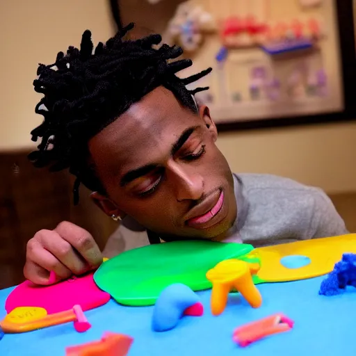 Image similar to playboi carti playing with playdoh, intensely focused