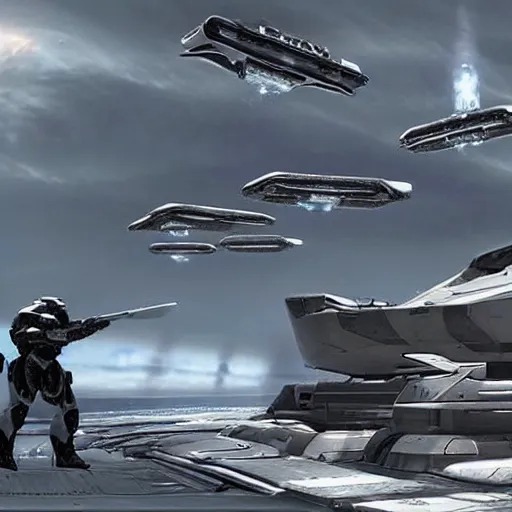 Image similar to epic photo, futuristic starship, halo, military, highly detailed