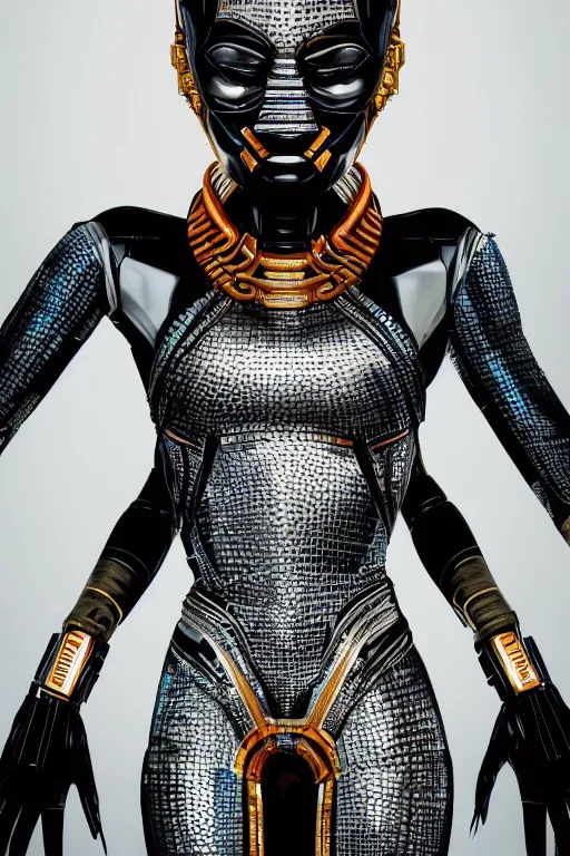 Image similar to full body portrait of the African Android Queen, by DC comics and Sandra Chevrier and beeple, artstation, volumetric lighting, hyperrealism, futuristic royalty, strong and muscular, award winning costume design, cybernetic cyborg, fashion show runway, futuristic fine textures, woven with electricity, high fashion superpowers, wakanda, 4k UHD, 35mm