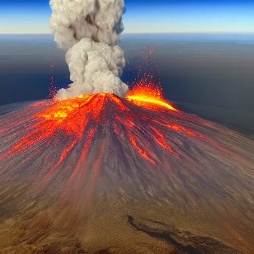 Image similar to spectacular aerial view of volcano eruption, photorealistic, ultra - detailed, 4 k high resolution, hdr shot, unreal engine rendering 4 k