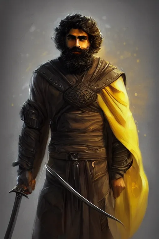 Image similar to Arab man light beard, curly hair, swordsman, modern, hero, leather , yellow and charcoal, character concept art, costume design, trending on artstation, Artgerm , WLOP