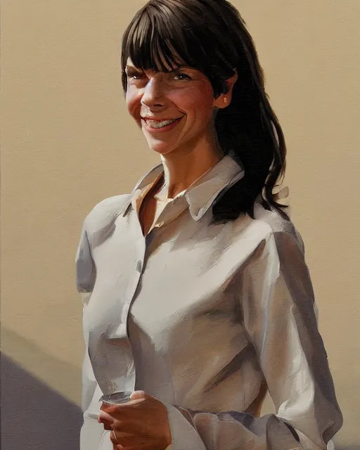 Prompt: a portrait painting of sabrina lloyd / perdita weeks / nicole de boer hybrid oil painting, gentle expression, smiling, elegant clothing, scenic background, behance hd by syd mead