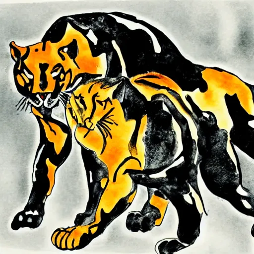 Image similar to emotional movement of muscle panthers, ink painting, in style of thawan duchanee, high quality,