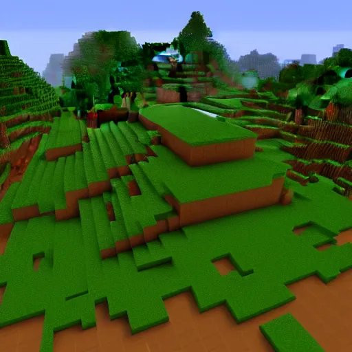 Image similar to a Minecraft world with mountains in the background